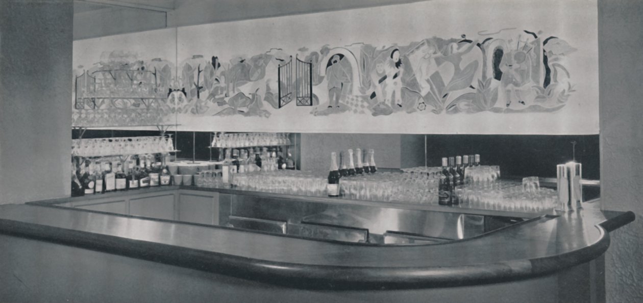 Mural z barem koktajlowym z rzeźbionego i emaliowanego linoleum w hotelu Berkeley, Montreal, 1942 r. autorstwa Unbekannt