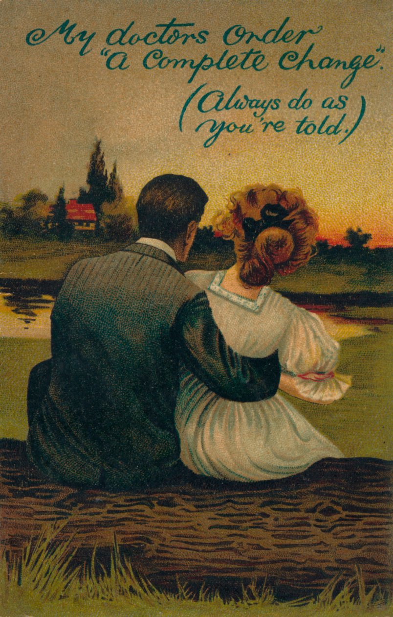 Żartobliwa pocztówka przedstawiająca zalotną parę, 1908 autorstwa Unbekannt