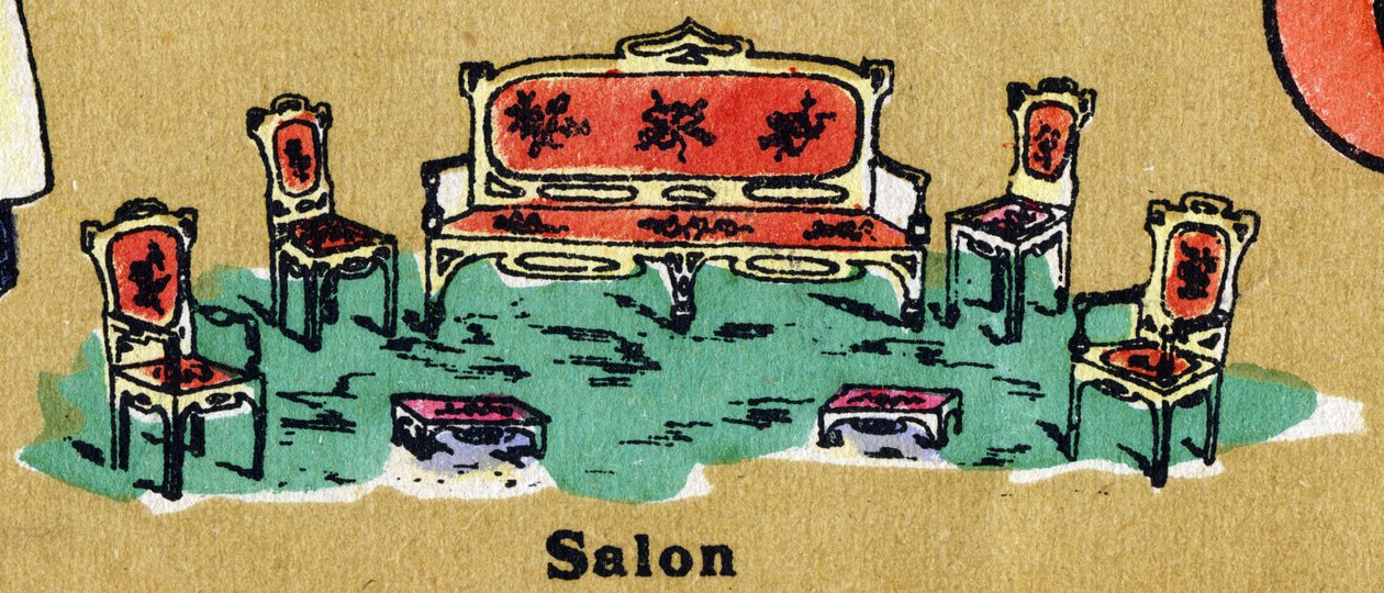 Salon z fotelem, krzesłami i podnóżkiem. Ilustrowany alfabet. Obrazy ponownie zjednoczone w Jarville-Nancy na początku XX wieku. Wymiary: 40 x 29 cm. Litografia na bistrowym tle autorstwa Unbekannt