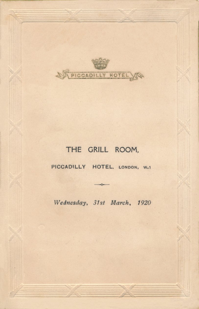 Menu dla The Grill Room hotelu Piccadilly, Londyn, 1920 autorstwa Unbekannt