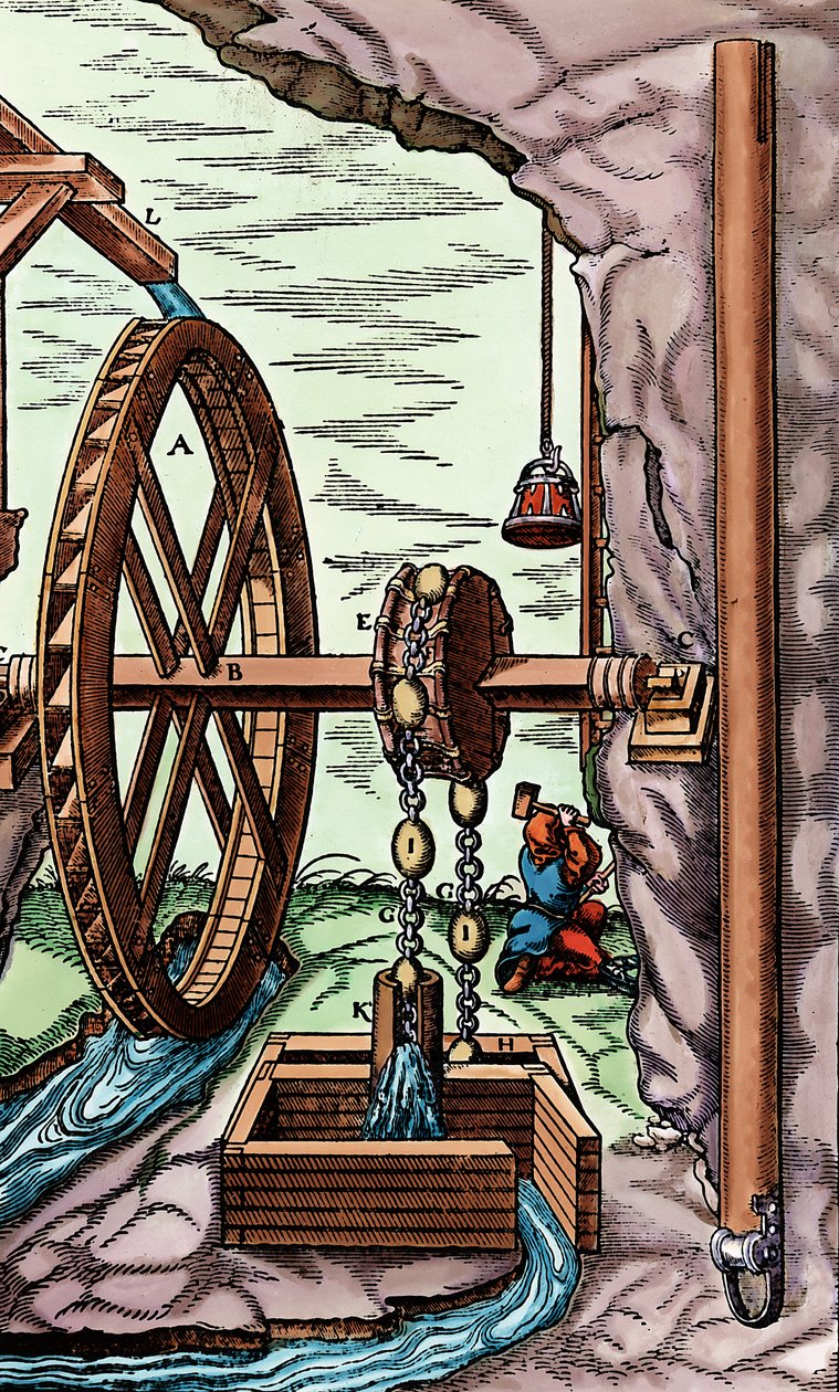 Kopalnia odwadniana przez pompę szmaciano-łańcuchową napędzaną przez koło wodne nasiębierne, 1556 autorstwa Unbekannt