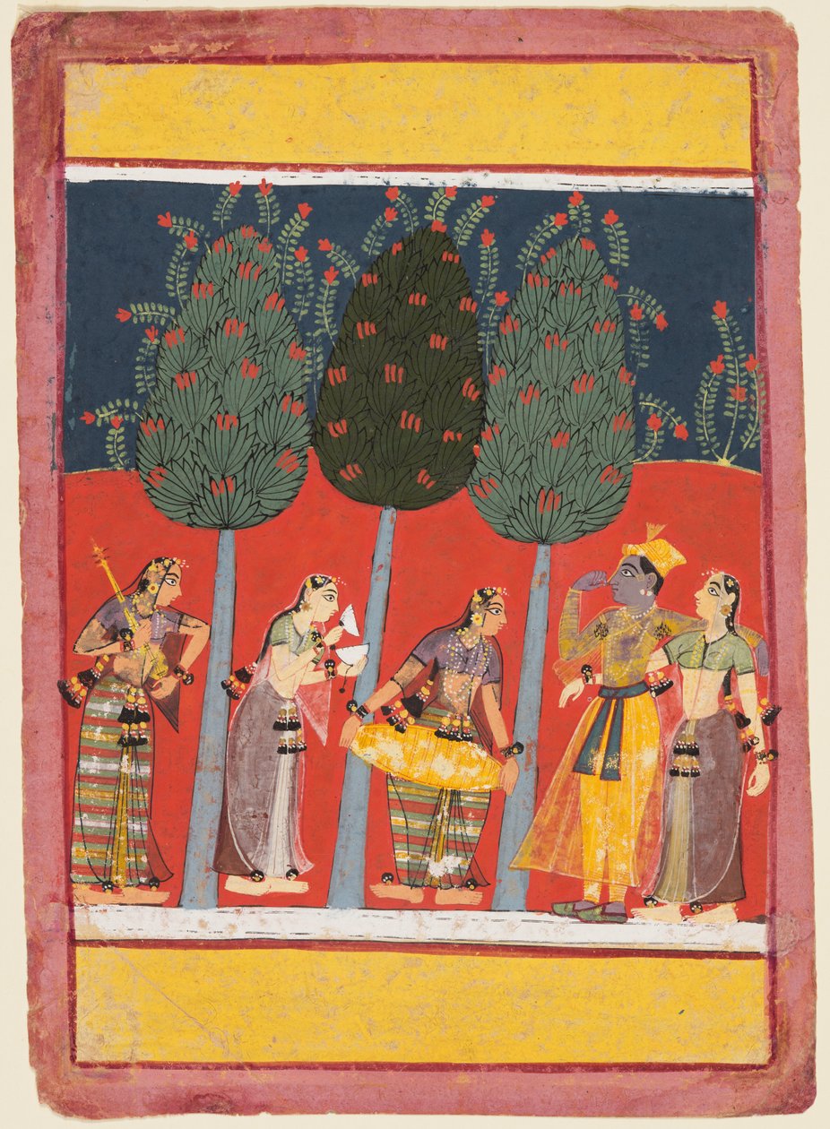 Strona z serii Rasikapriya: Krishna and Radha and the Sakhis z instrumentami muzycznymi, ok. godz. 1650 autorstwa Unbekannt