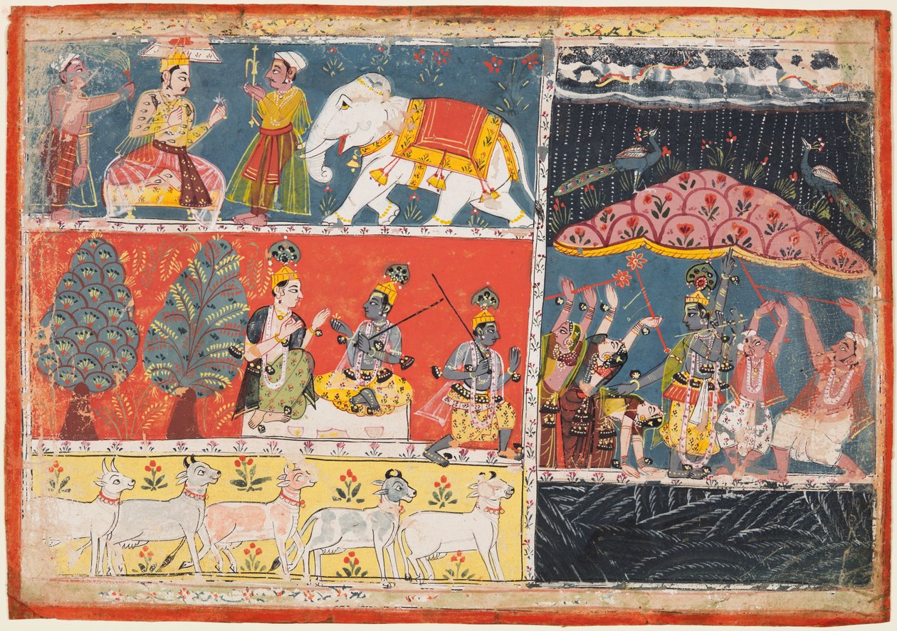 Strona z Bhagavata Purany: Indra zsyła ulewny deszcz, Kryszna podnosi górę Govardhana, 1686. autorstwa Unbekannt