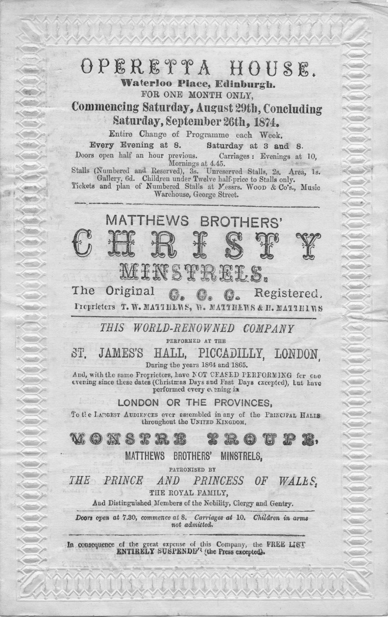 Program wydarzeń na scenie w Operetce House, Waterloo Place, Edynburg, 1874 autorstwa Unbekannt