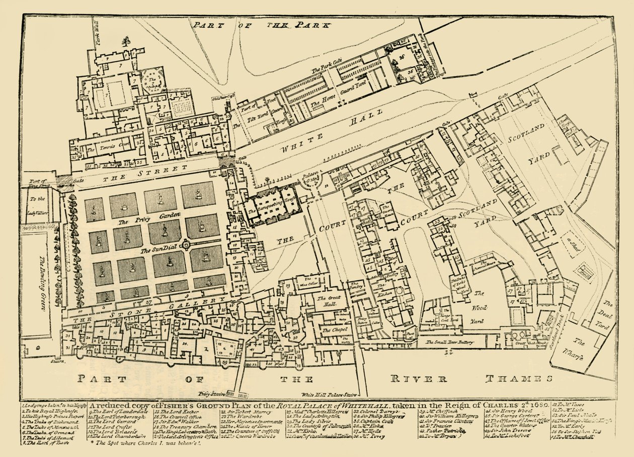 Zmniejszona kopia planu Fishers Ground Plan Pałacu Królewskiego w Whitehall, 1680, 1881. autorstwa Unbekannt