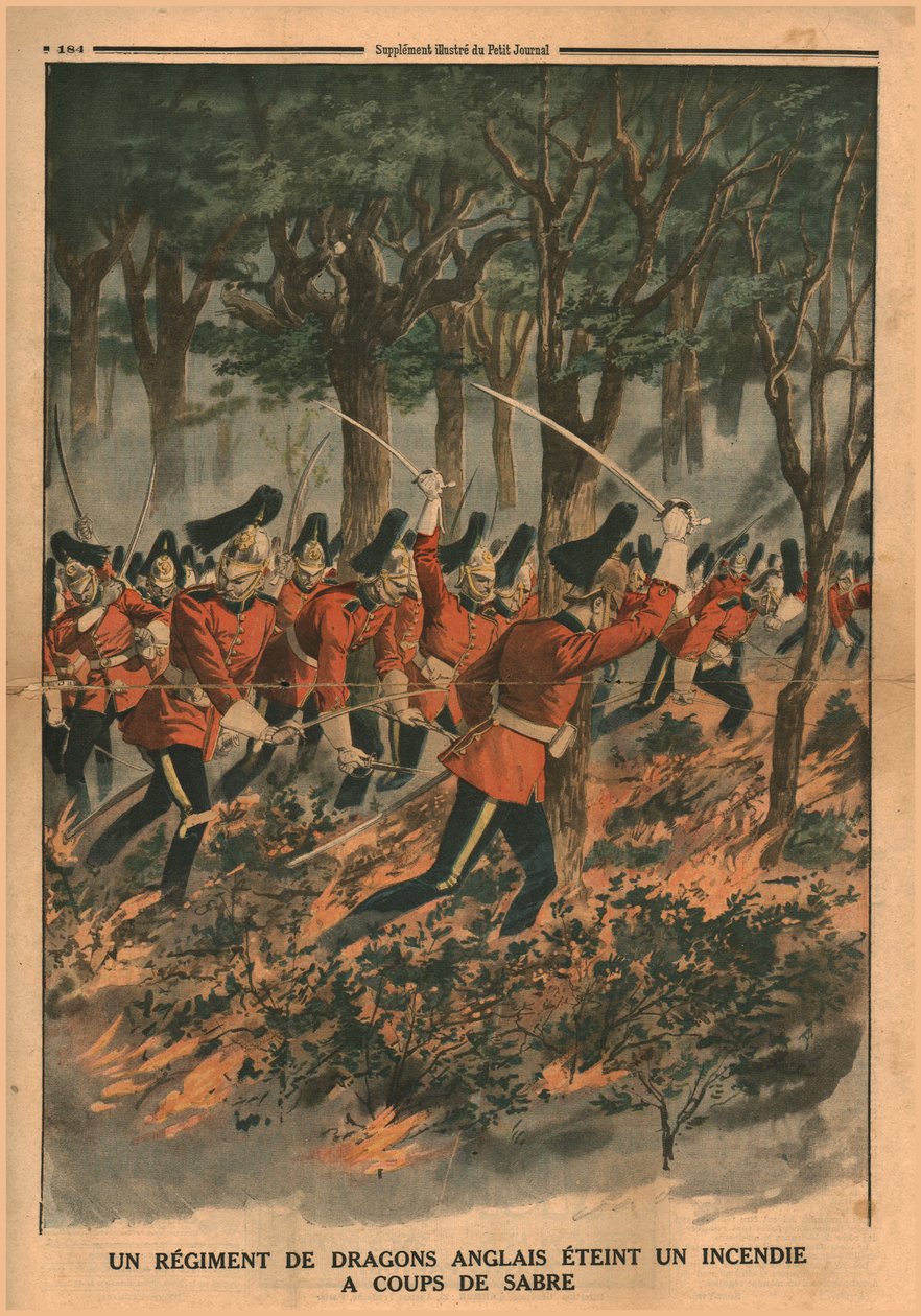 Pułk dragonów angielskich gasi pożar ciosami szabli, 1914. autorstwa Unbekannt