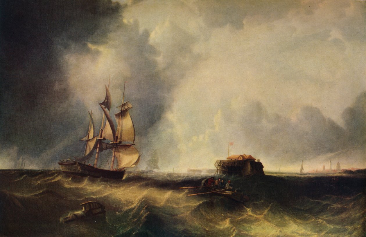 Statek i ludzie w łodzi wiosłowej u Calais, c1830, 1938 autorstwa Unbekannt