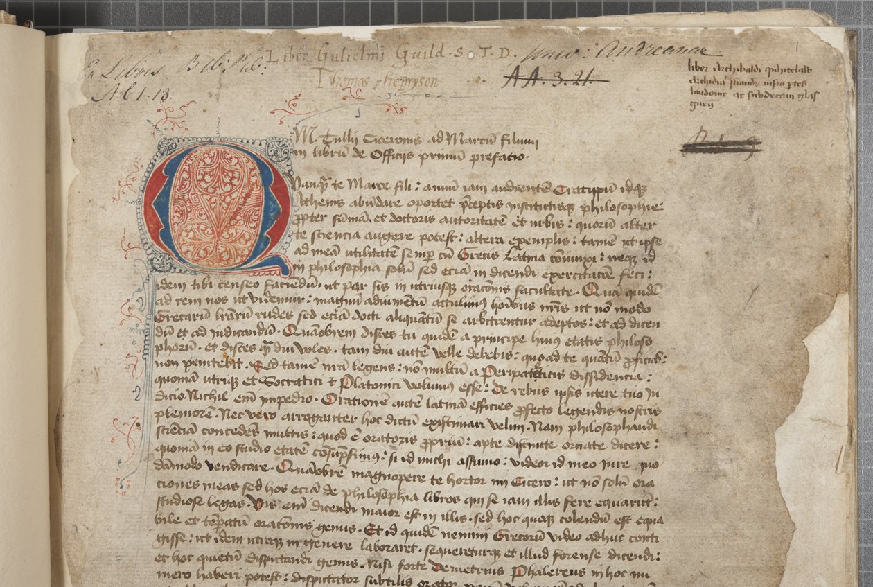 Transkrypcja, w trzech rękach, dzieł filozoficznych Marka Tulliusza Cycerona zaczerpnięta pozornie z editio romana z 1471 r., z marginaliami w ręku Archibalda Whitelawa i innych, ok. 1480 (tusz na pergaminie) autorstwa Unbekannt