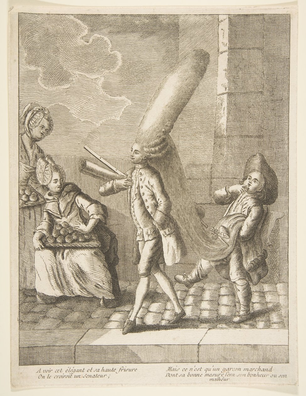Aby zobaczyć jego elegancki det i jego wysokie loki, można by pomyśleć, że jest senatorem, ale jest tylko..., 1720-75. autorstwa Unbekannt