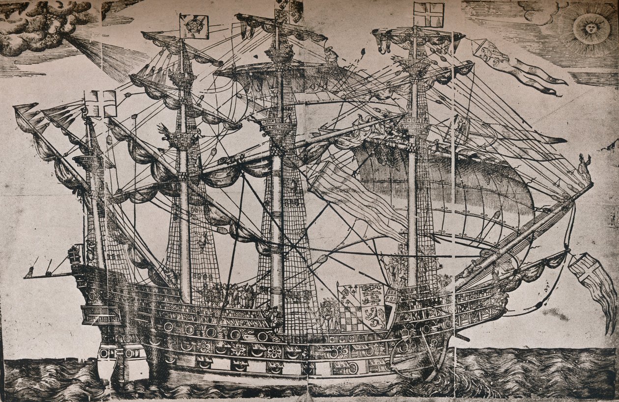 Drzeworyt przedstawiający statek uważany za Arkę Królewską, ok. 1587 r. autorstwa Unbekannt