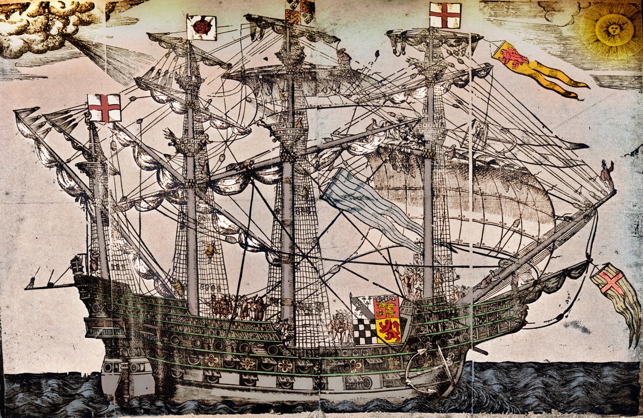 Drzeworyt przedstawiający statek uważany za Arkę Królewską, ok. 1587 r. autorstwa Unbekannt