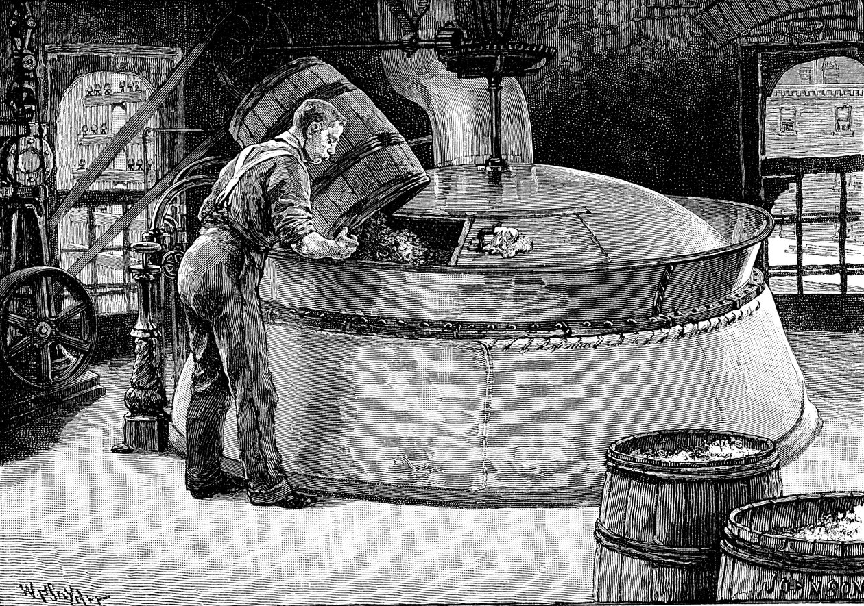 Dodanie chmielu do wrzącego piwa w amerykańskim browarze, 1885 autorstwa Unbekannt