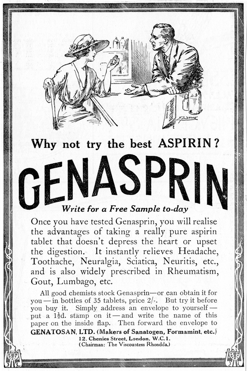 Reklama Genasprin, zastrzeżonej marki leku Aspirin. 1919 autorstwa Unbekannt