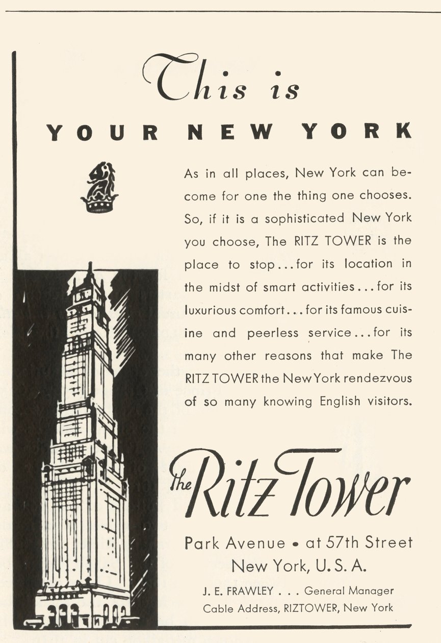 Reklama hotelu Ritz Tower w Nowym Jorku, 1934. autorstwa Unbekannt