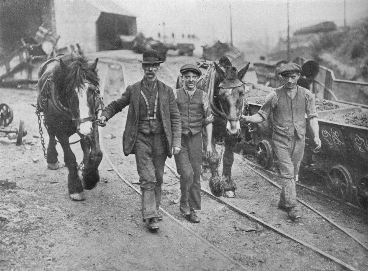 Po zasiedleniu: Górnicy sprowadzający kucyki z powrotem do kopalni, 1915 autorstwa Unbekannt