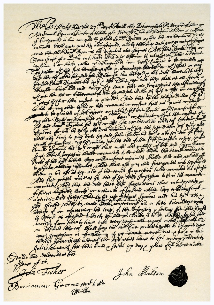 Umowa między Johnem Milltonem i Samuelem Symonsem, 27 kwietnia 1667 autorstwa Unbekannt