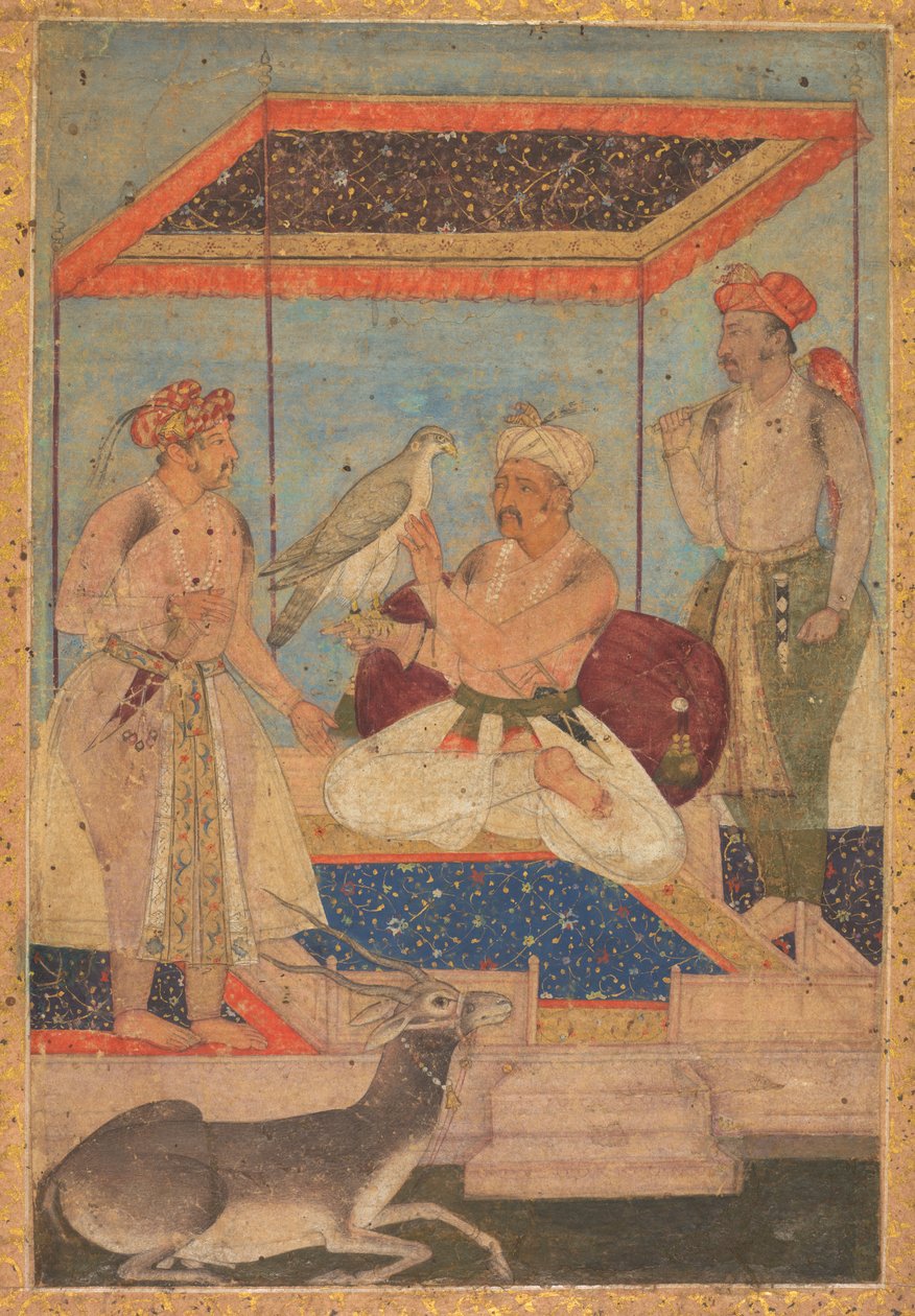 Akbar i Jahangir badają sokoła Ghir, podczas gdy za nim stoi książę Khusrau, ok. godz. 1602-1604. autorstwa Unbekannt