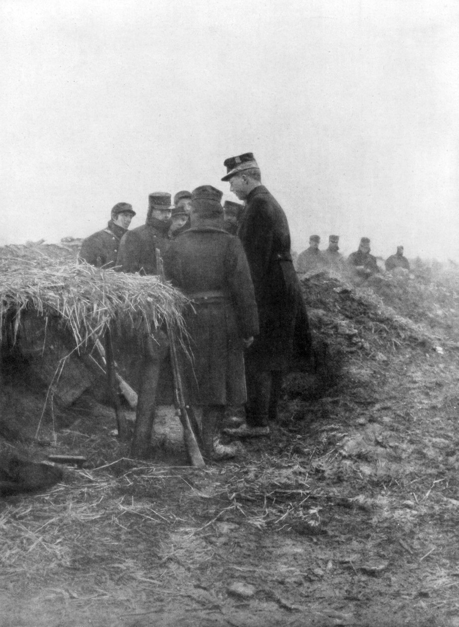 Albert I, trzeci król Belgów, odwiedzając okopy Avecapelle, Belgia, 1915 autorstwa Unbekannt