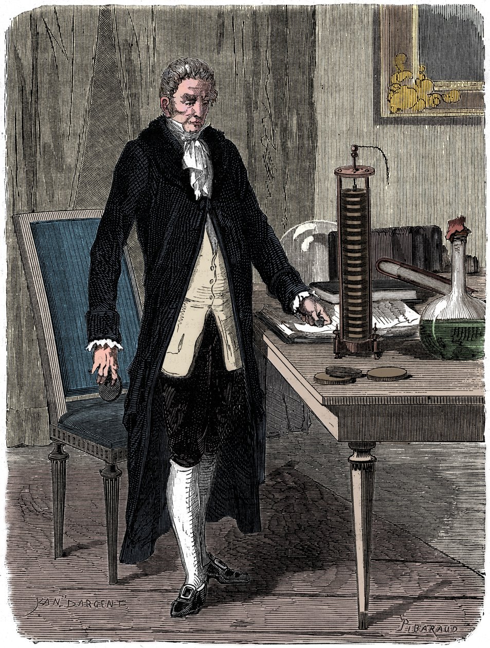 Alessandro Volta, włoski fizyk, demonstruje swoją elektryczną baterię palową, c1800 c1870 autorstwa Unbekannt