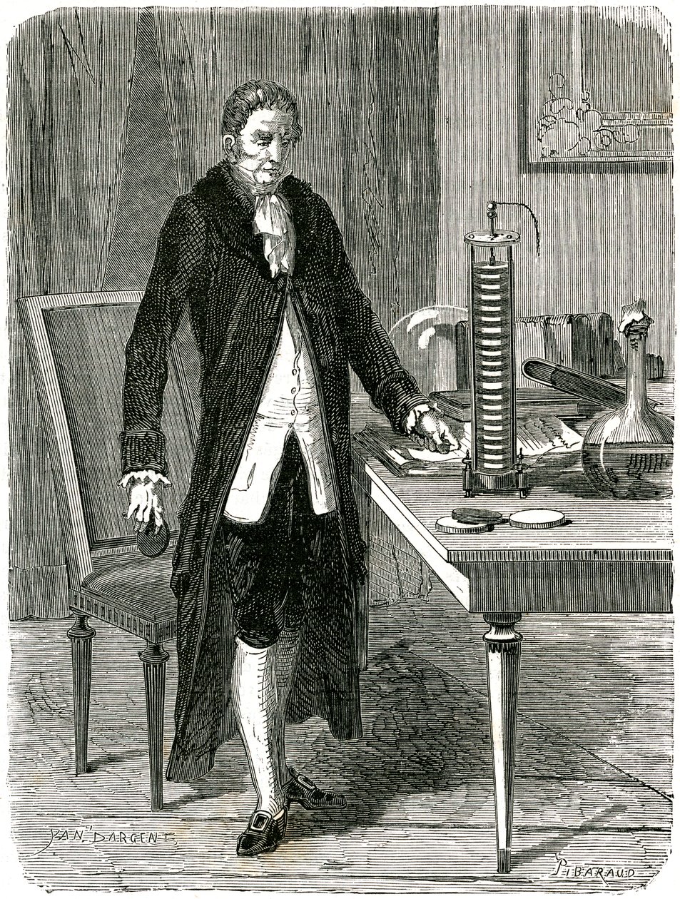 Alessandro Volta, włoski fizyk, demonstruje swoją elektryczną baterię palową, c1800 c1870 autorstwa Unbekannt