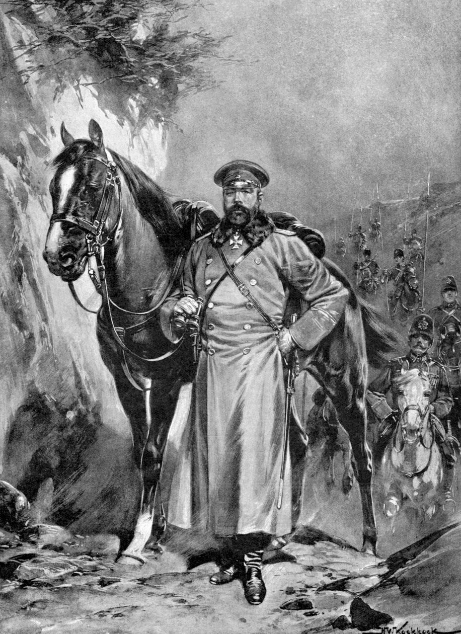 Aleksiej Nikołajewicz Kuropatkin ze swoim koniem, wojna rosyjsko-japońska, 1904-5 autorstwa Unbekannt