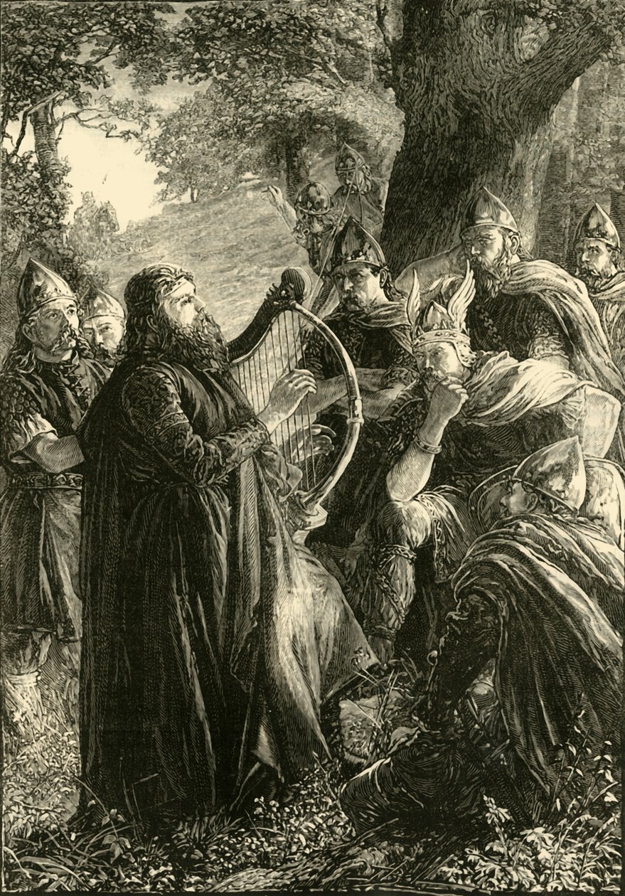 Alfred Wielki, przebrany za harfiarza, Grając przed Guthrumem, 878, 1890. autorstwa Unbekannt