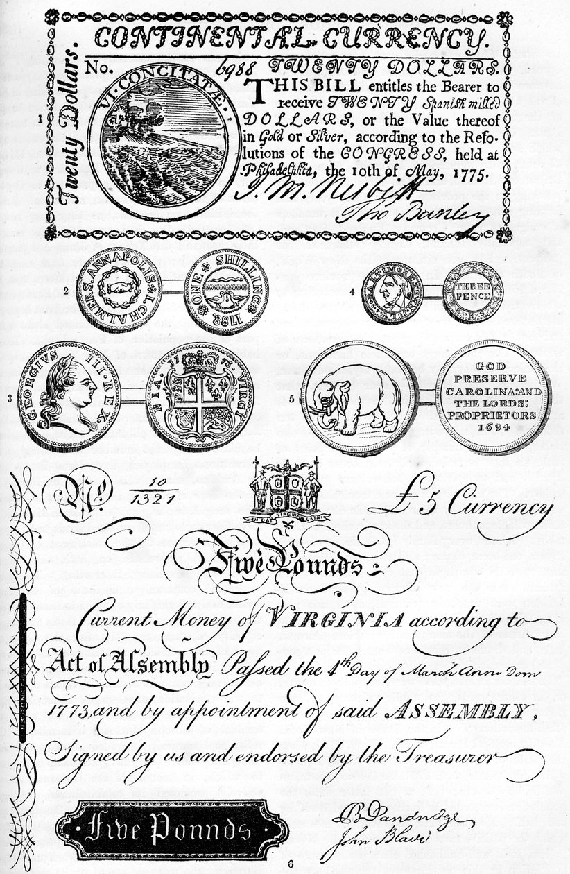 Monety amerykańskie i pieniądze papierowe, XVII-XVIII w. ok. 1880 r. autorstwa Unbekannt