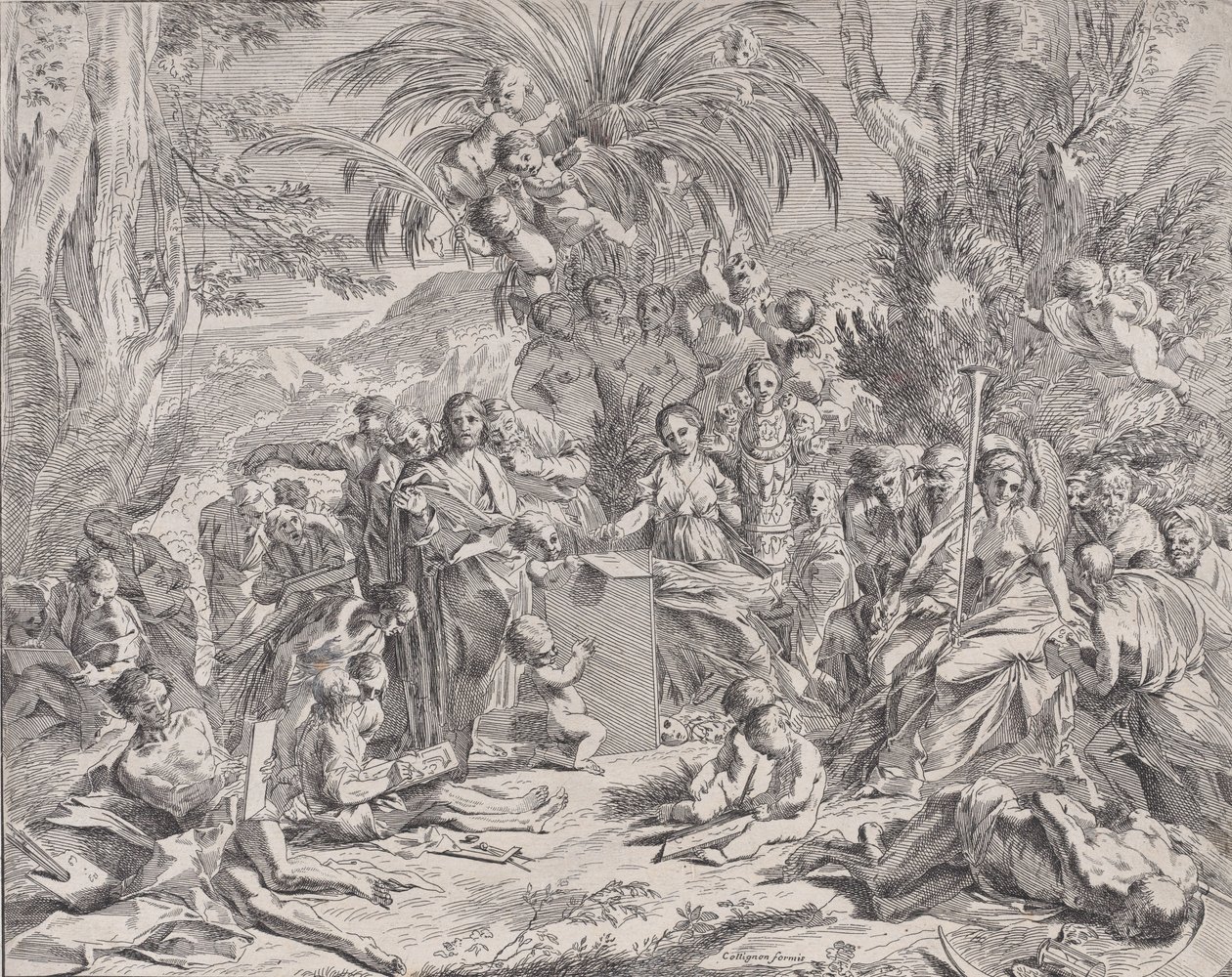 Alegoria malarstwa, które jako dziecko w centrum lewej kreśli na tabliczce, surrou..., 1650-1700. autorstwa Unbekannt