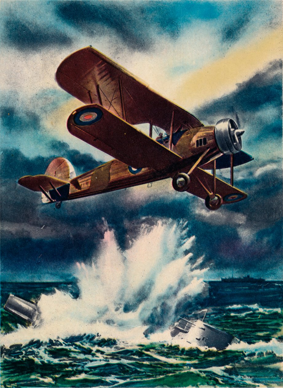 Wizja artystyczna przedstawiająca Fairey Swordfish zatapiającego łódź U na Morzu Północnym, 1940 autorstwa Unbekannt