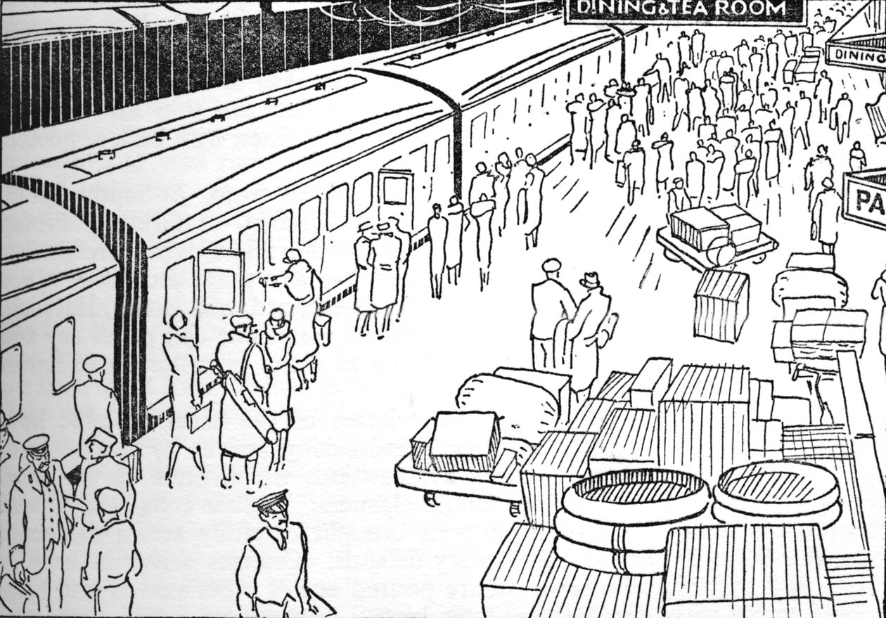 Ilustracja przedstawiająca dworzec kolejowy z lat 30., 1937 autorstwa Unbekannt