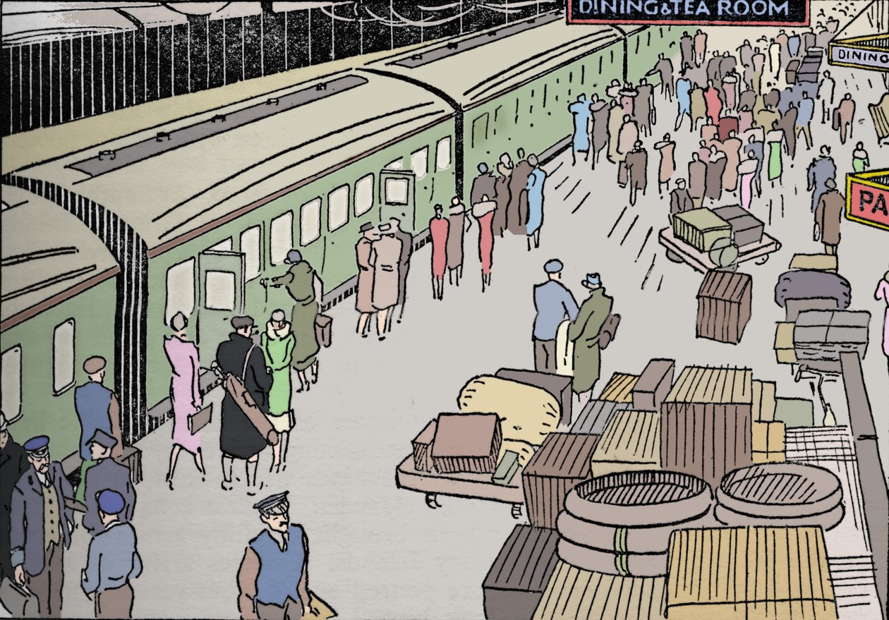 Ilustracja przedstawiająca dworzec kolejowy z lat 30., 1937 autorstwa Unbekannt