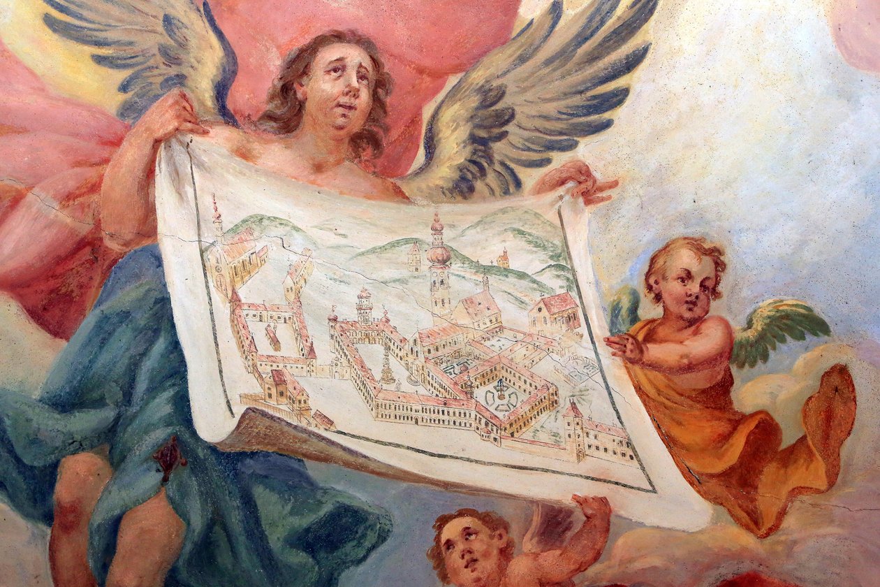 Anioł trzymający plan opactwa Heiligenkreuz. Opactwo Heiligenkreuz, Wiedeń, Austria autorstwa Unbekannt