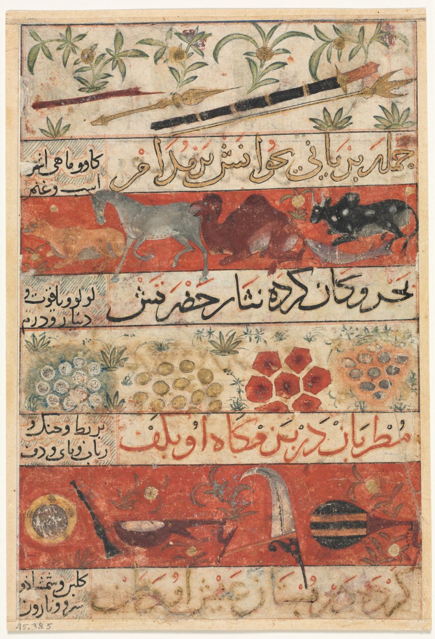 Zwierzęta, kamienie szlachetne, monety i instrumenty muzyczne prosto..., c. 1341. autorstwa Unbekannt
