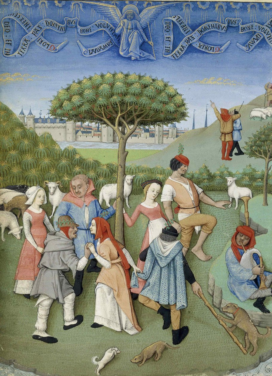 Zwiastowanie pasterzom: taniec wiejski. Z Heures de Charles dAngoulême, ok. 1930. 1480. autorstwa Unbekannt