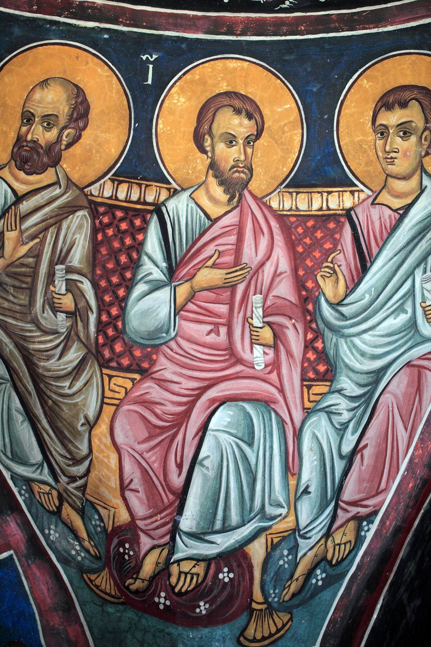 Reprezentacja apostołów wokół Chrystusa i Sądu Ostatecznego Szczegół bizantyjskiego fresku ze sklepienia Narthex kościoła Asinou Scena ostatniego wyroku 14 wieku (1332) UNESCO, światowe dziedzictwo kulturowe Region Troodos, Cypr autorstwa Unbekannt