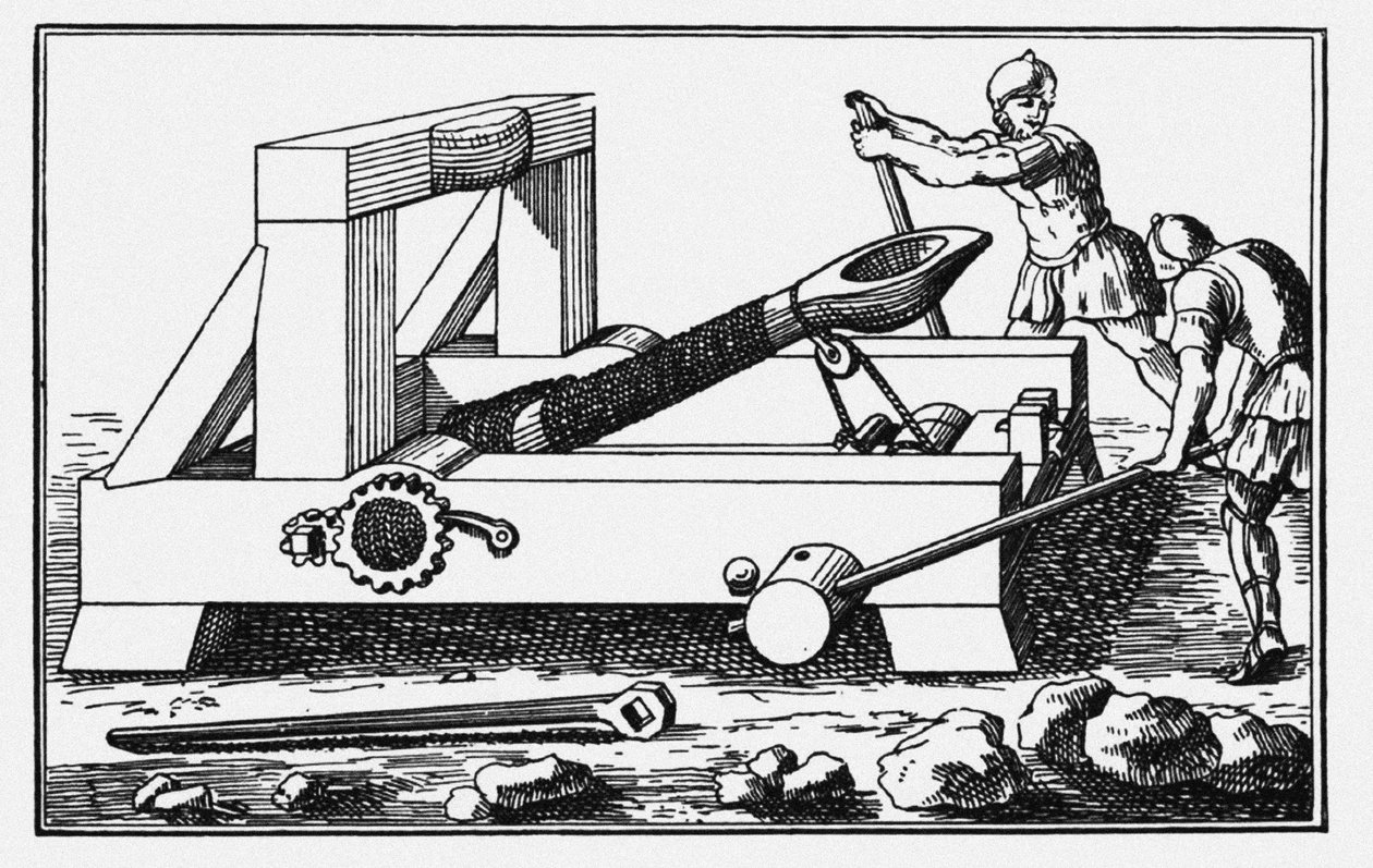 Katapulta oblężnicza Archimedesa. Z Dziejów Polibiusza, 1727 autorstwa Unbekannt