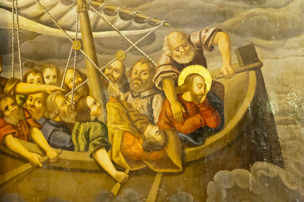 Ormiański Kościół Apostolski; Fresk; burza; Jezus ze swoimi uczniami w łodzi podczas burzy; Kościół Betlejem lub Kościół Bedkhem; dzielnica Julfa lub Jolfa; Isfahan; Iran; Azja autorstwa Unbekannt