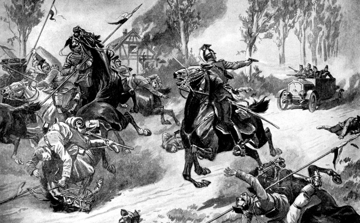 Opancerzone oddziały belgijskie pod atakiem Ułanów, I wojna światowa, 1914 r. autorstwa Unbekannt
