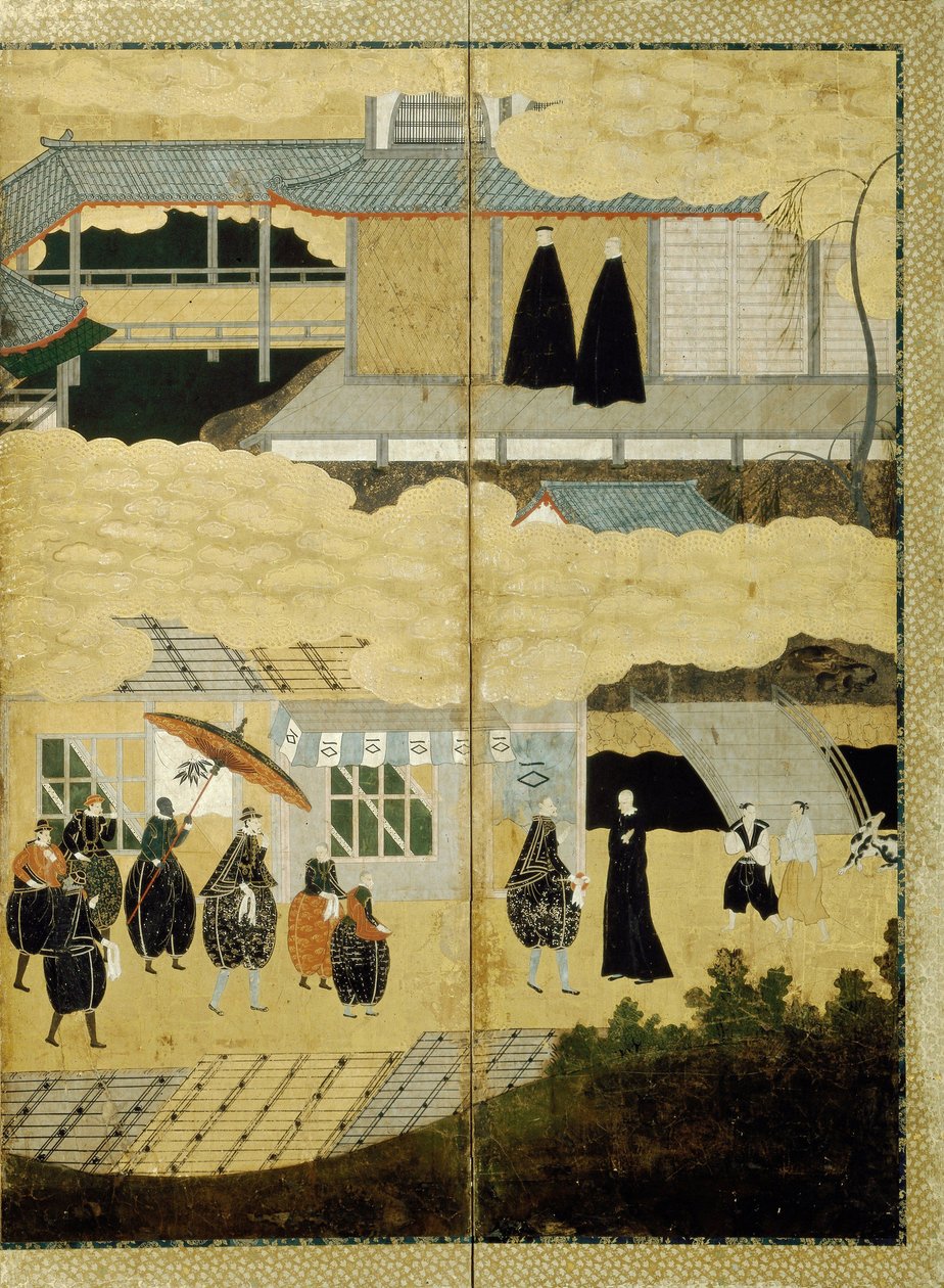Przybycie portugalskiego statku. Ekran Nanban. Szczegół: Japońscy chrześcijanie, ca. 1600 autorstwa Unbekannt