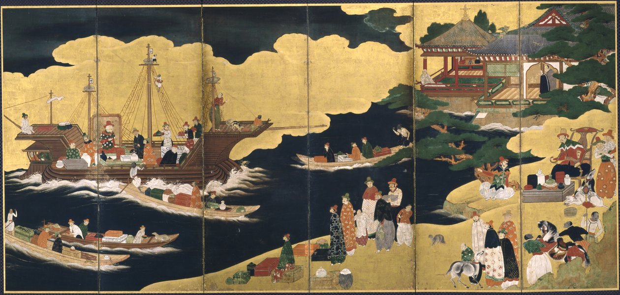 Przybycie portugalskiego statku. Ekran Nanban, ca. 1600 autorstwa Unbekannt