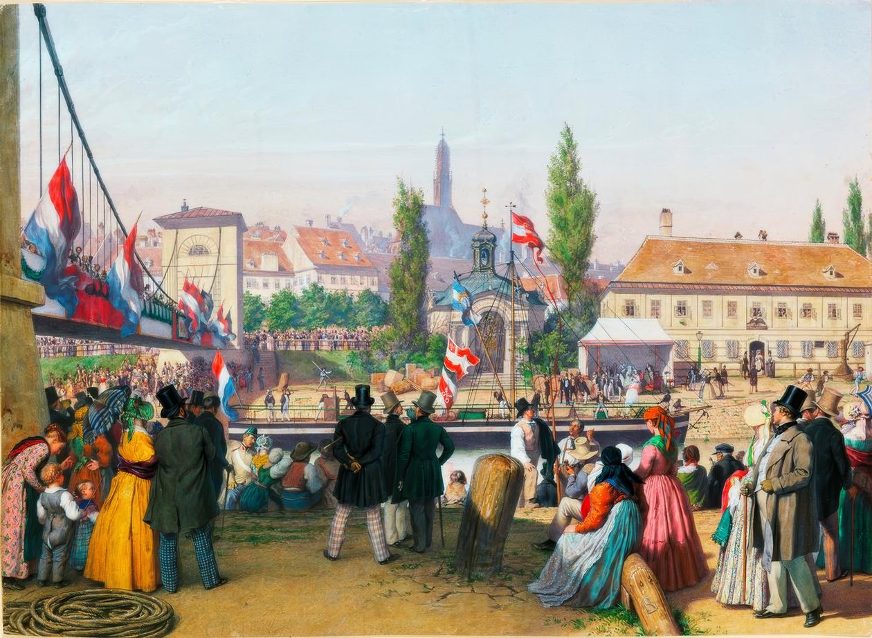 Przybycie parowca na stację na Dunaju– kanał, Wiedeń, 1845 Akwarela autorstwa Unbekannt
