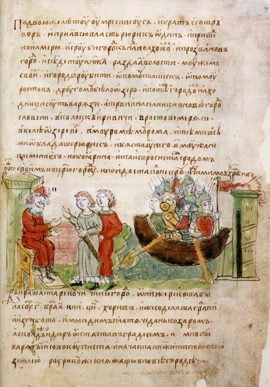 Askold i Dir poproszeni przez Rurika o pozwolenie na wyjazd do Konstantynopola z Kroniki Radziwiłłów, XV w. autorstwa Unbekannt