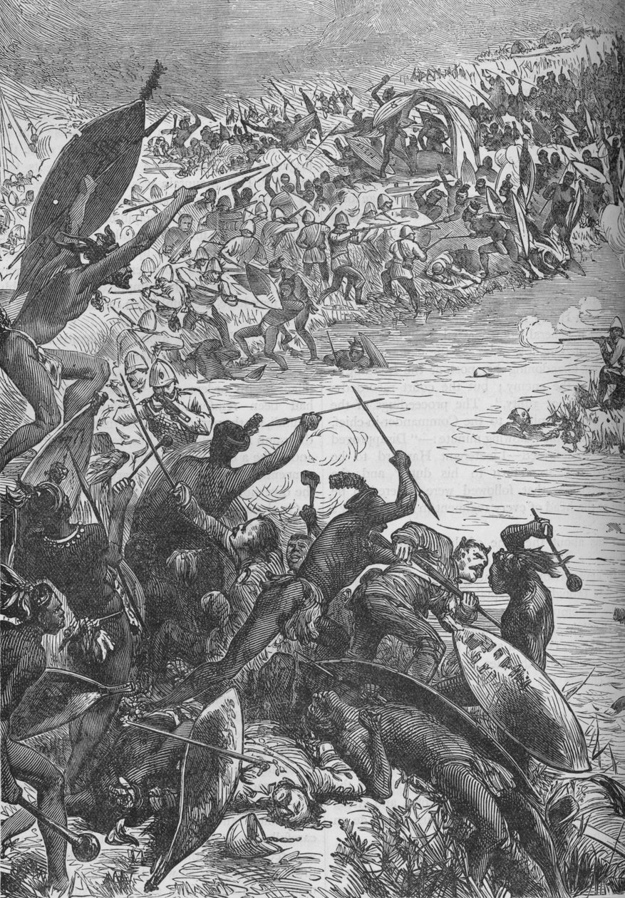Atak Zulusów na eskortę osiemdziesiątego pułku nad rzeką Intombe, 1879, c1880 autorstwa Unbekannt