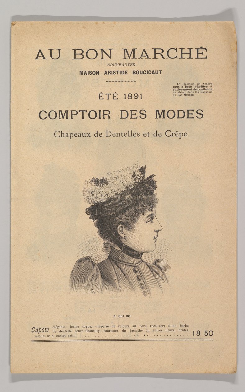 Au Bon Marché-Comptoir des Modes, kapelusze z koronki i krepy, lato 1891, 1891. autorstwa Unbekannt