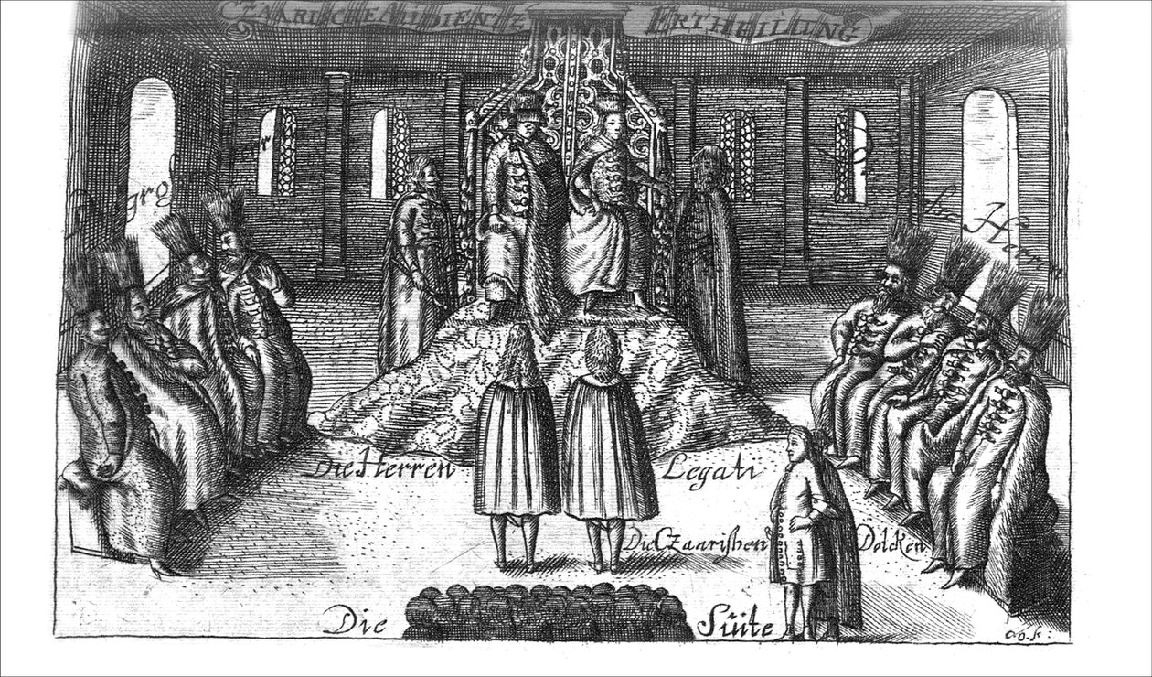 Audiencja z Iwanem V, Piotrem I i Zofią Aleksiejewną z Georg Adam Schleissing Derer beyden Czaaren w Reussland..., 1693 autorstwa Unbekannt
