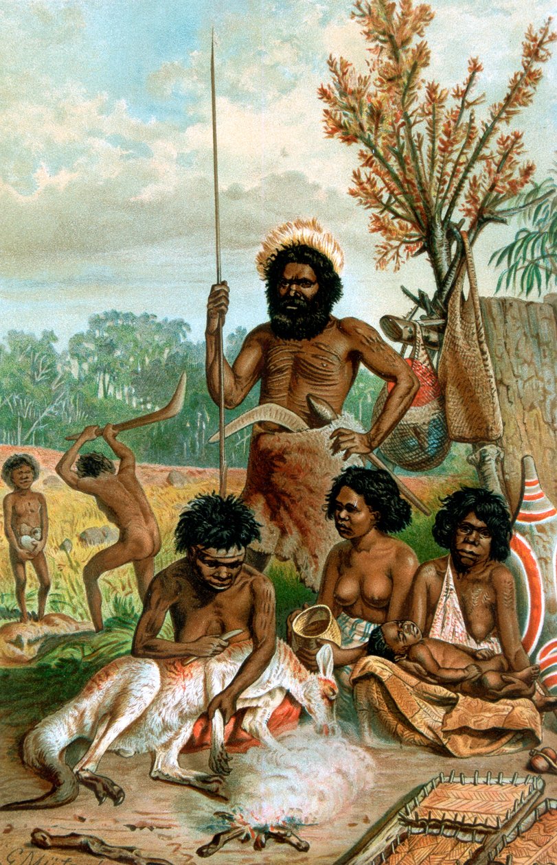 Australijscy aborygeni zarzynający kangura, 1885-1888 autorstwa Unbekannt