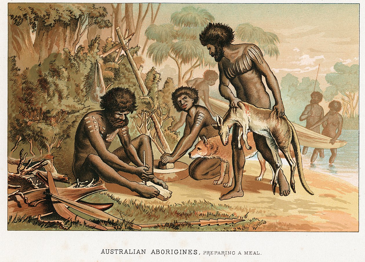 Australijscy tubylcy przygotowujący posiłek ze zwierzęcia, na które polowali, ok. 1895 r. autorstwa Unbekannt