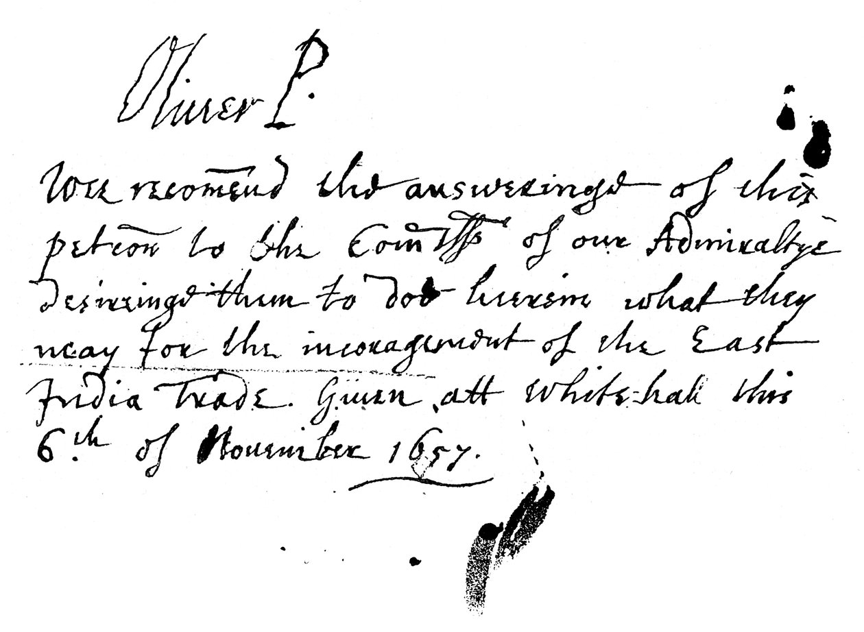 Notatka z autografem Olivera Cromwella do petycji Kompanii Wschodnioindyjskiej, listopad 1657, 1893 autorstwa Unbekannt