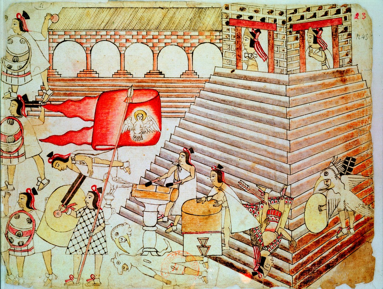 Azteccy wojownicy broniący świątyni Tenochtitlan przed konkwistadorami, 1519-1521 autorstwa Unbekannt