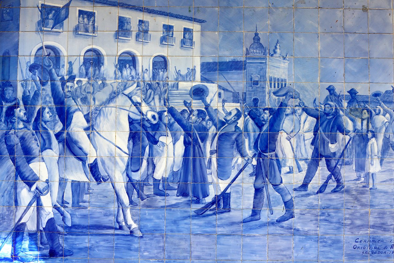 Mozaika Azulejo przedstawiająca ludzi Cachoeira dopingujących księcia Pedro, który doprowadził Brazylię do niepodległości, Cachoeira, Brazylia autorstwa Unbekannt